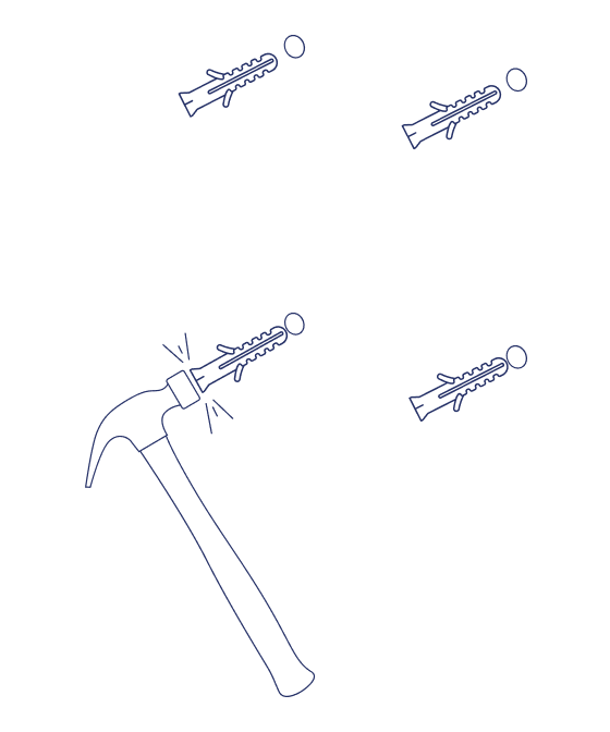 A hammer tapping wall anchors flush into the drilled holes
