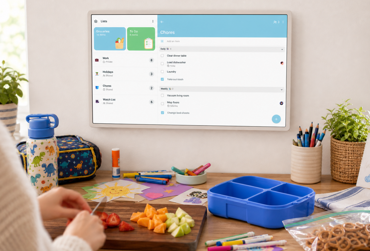 Home Hub wall-mounted above a kitchen counter showing the family home screen while lunches are packed