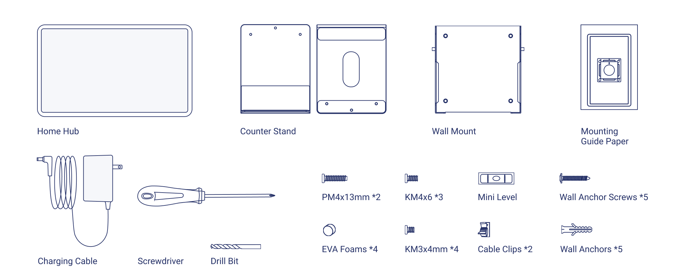 Home Hub 16 inch box contents: device, counter stand, wall mount, mounting guide paper, charging cable, screwdriver, drill bit, PM4x13mm screws x2, KM4x6 screws x3, mini level, wall anchor screws x5, EVA foams x4, KM3x4mm screws x4, cable clips x2 and wall anchors x5