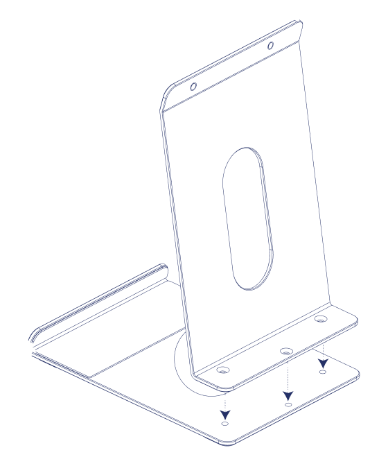 The upper counter stand held upright over the lower stand, with arrows showing its screw holes lining up with the mounting holes below