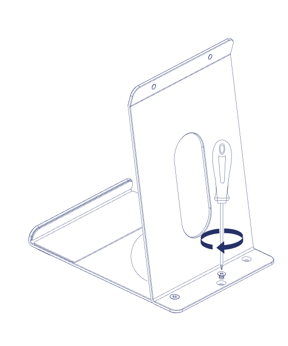 A screwdriver tightening a screw through the base of the assembled counter stand