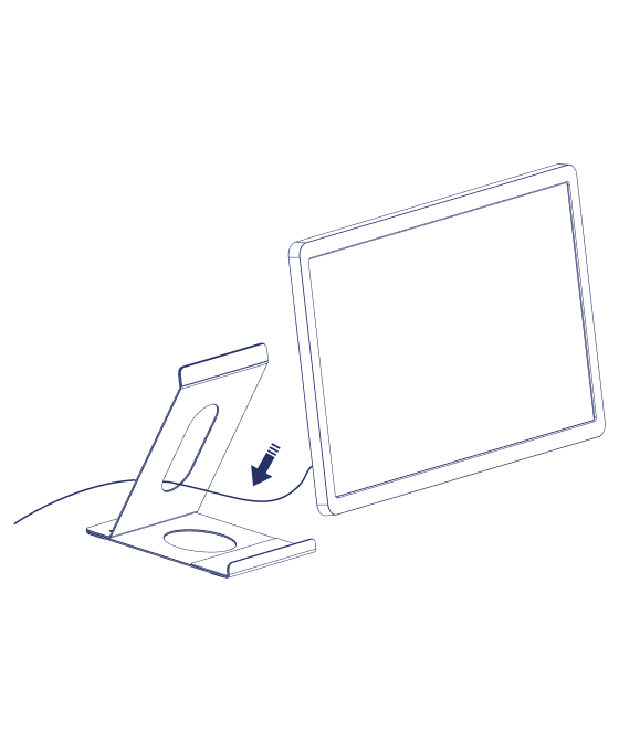 The assembled counter stand upright with the power cord routed through it toward the back of the Home Hub