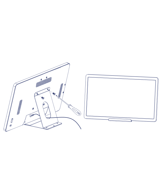 The back of the Home Hub attached to the counter stand with screws, next to a front view of the device standing in landscape
