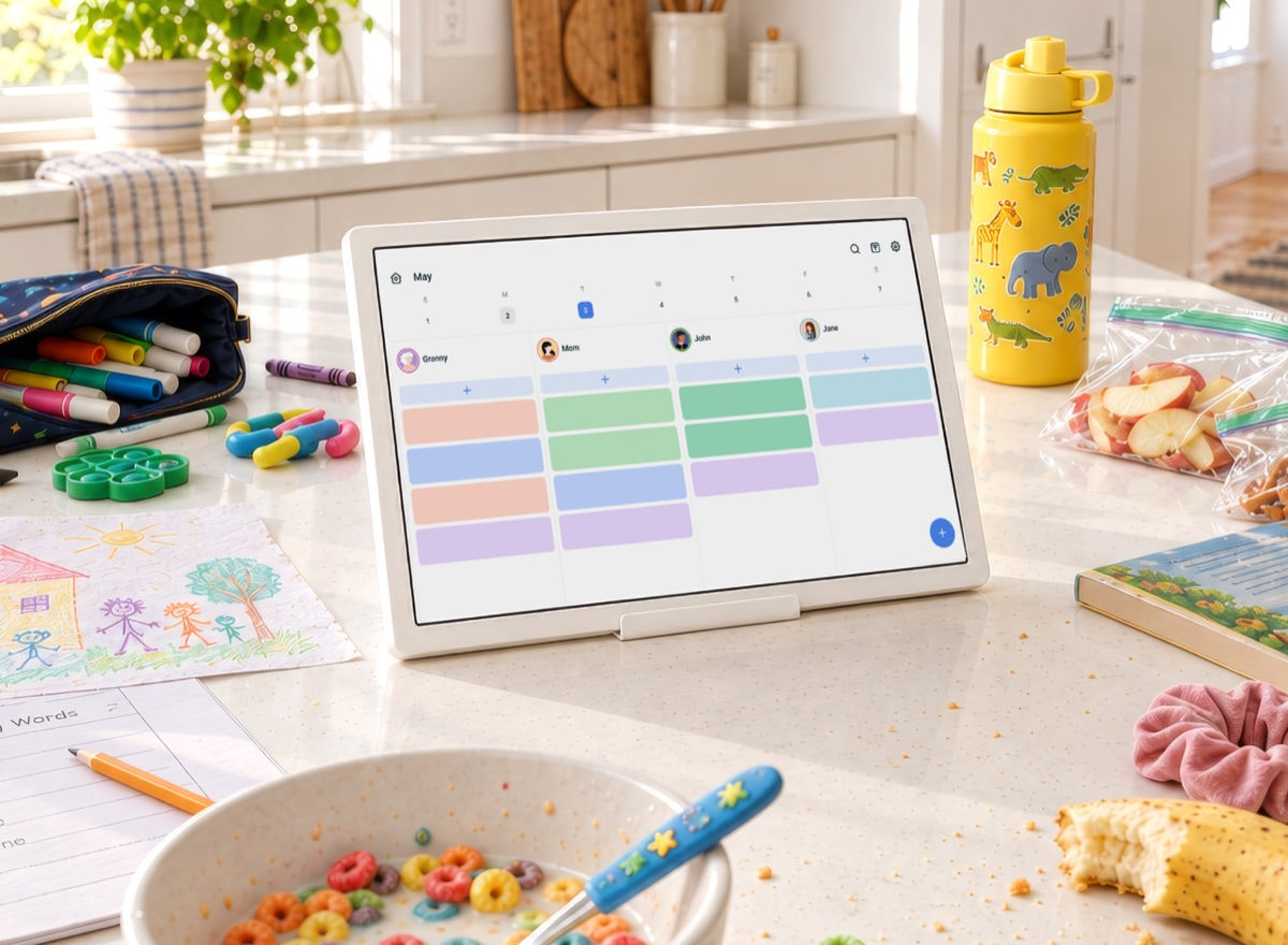 Home Hub on its counter stand on a kitchen worktop, surrounded by breakfast things and school supplies