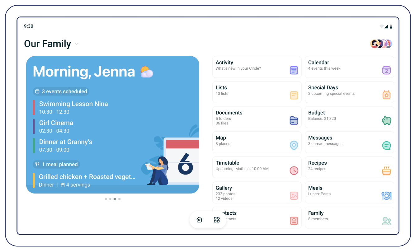 The Home Hub home screen: a Morning, Jenna card with today's events and meal, beside tiles for the calendar, lists, budget, messages and more