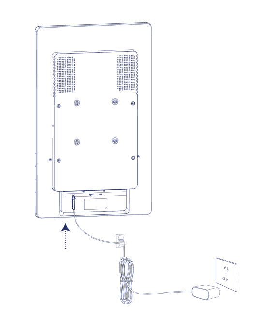 The power cord plugged into the back of the Home Hub and a wall outlet