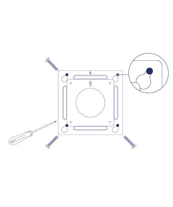 A screwdriver driving anchor screws through the narrow end of the wall mount bracket's keyhole slots